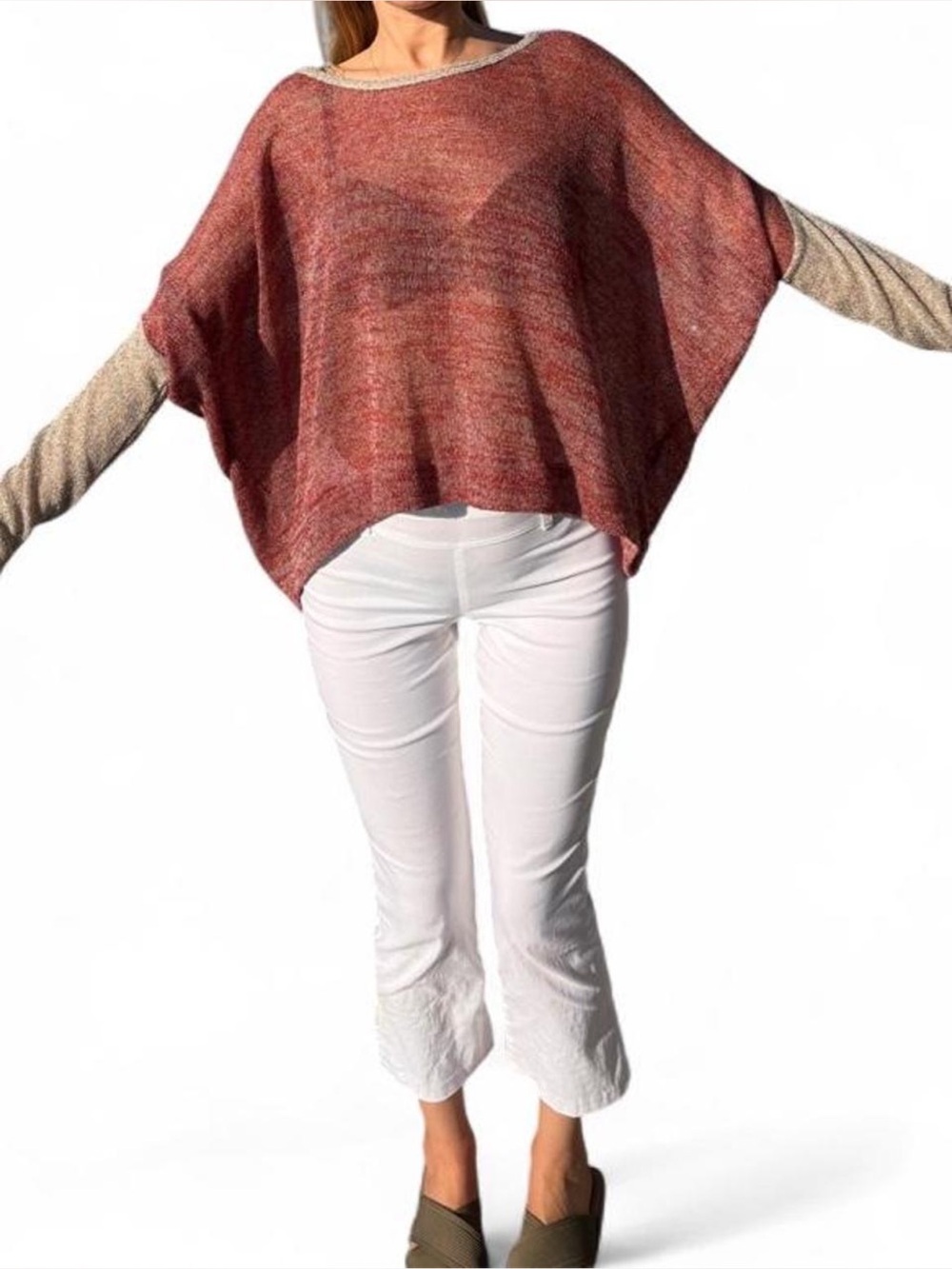 Y2K Sheer gauzy batwing two tone sweater relaxed fit boho poncho S Lagenlook - Picture 4 of 8